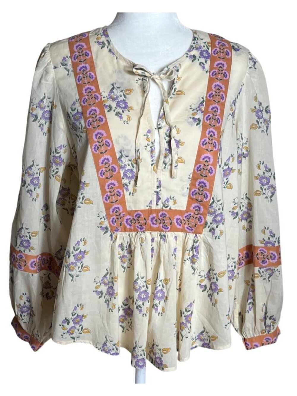 Bila 77 Ridgewood Top Cream Floral Boho Peasant Babydoll Relaxed Wom S/M